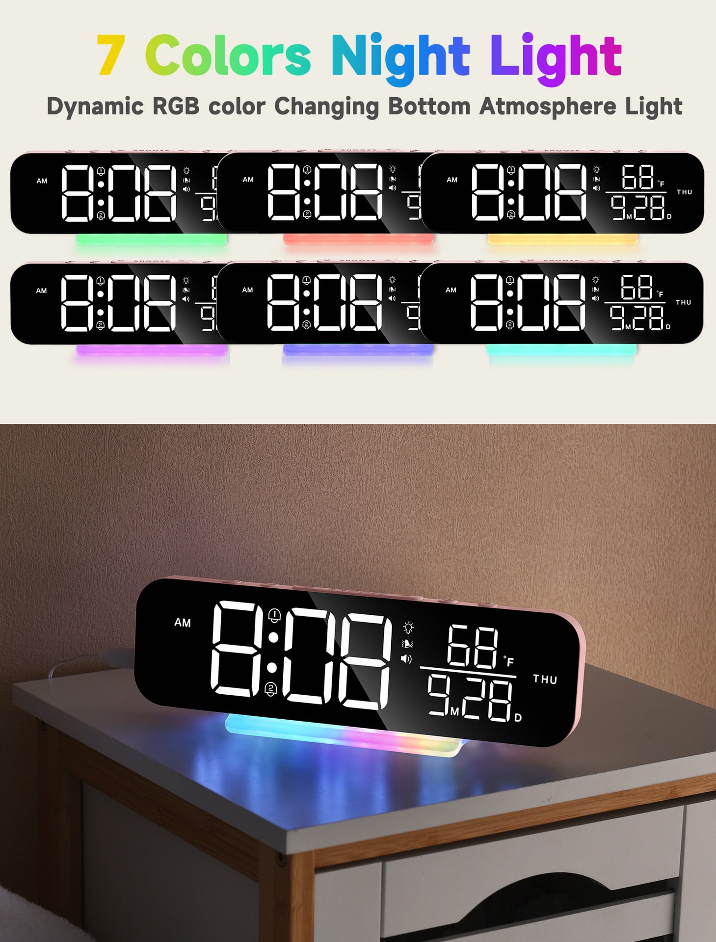 ITIGOITIE Extra Loud Vibrating Alarm Clock,Adjustable Volume,Dimmer,Large LED Digital with RGB Night Light for Bedrooms,Kids,Teens(Pink)