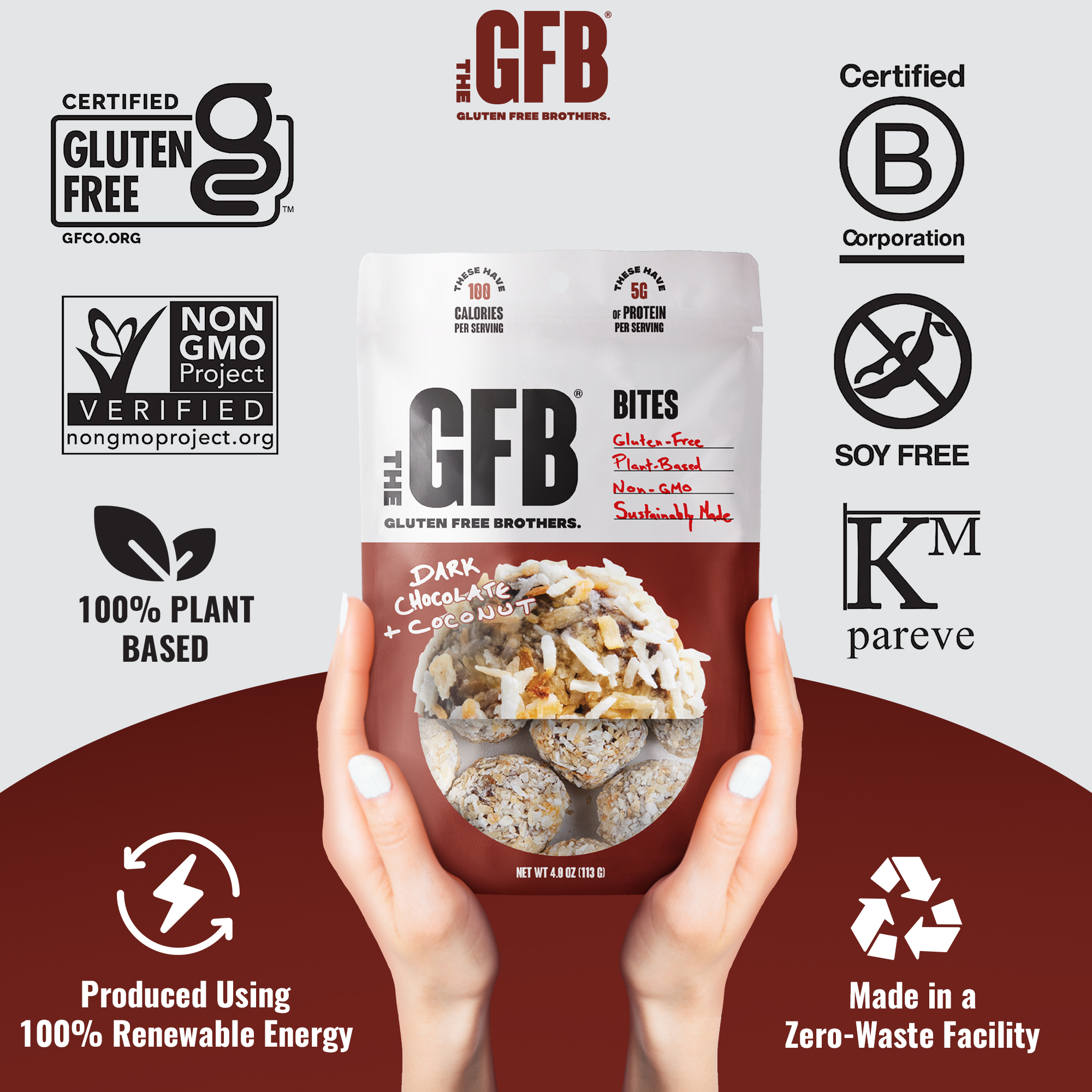 The Gluten Free Brothers, GFB Gluten Free Bites - Dark Chocolate Coconut – Non GMO, Soy Free, Vegan – Snack Size Plant Based Protein Energy Balls, 4 oz (6 Count)