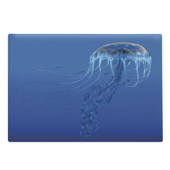 Jellyfish Cutting Board, Blue Spotted Jelly Fish Aquarium Life Marine Animals Ocean Predator in the Deep Water, Decorative Tempered Glass Cutting and Serving Board, Large Size, Blue, by Ambesonne