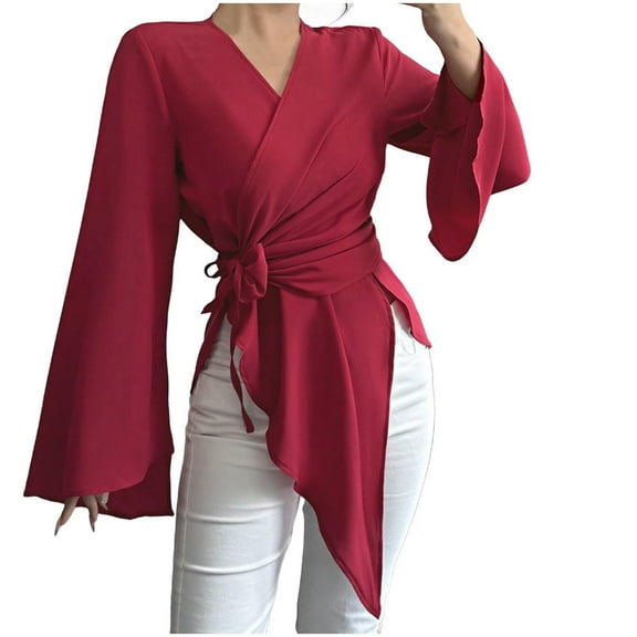 aidice Satin Tops for Women Casual Crisscross V Neck Long Sleeve Belt Ruched Irregularly Trendy Shirts