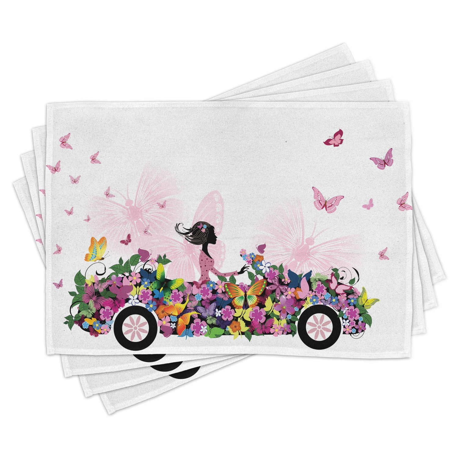 Cars Placemats Set of 4 Woman Driving A Floral Car with Butterflies in