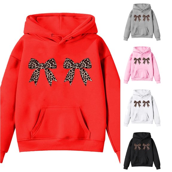 AWZXDE Girls Casual Print Bow Round Neck Long Sleeve Cropped Fitted Hoodies Sweatshirts Red,11-12 Years