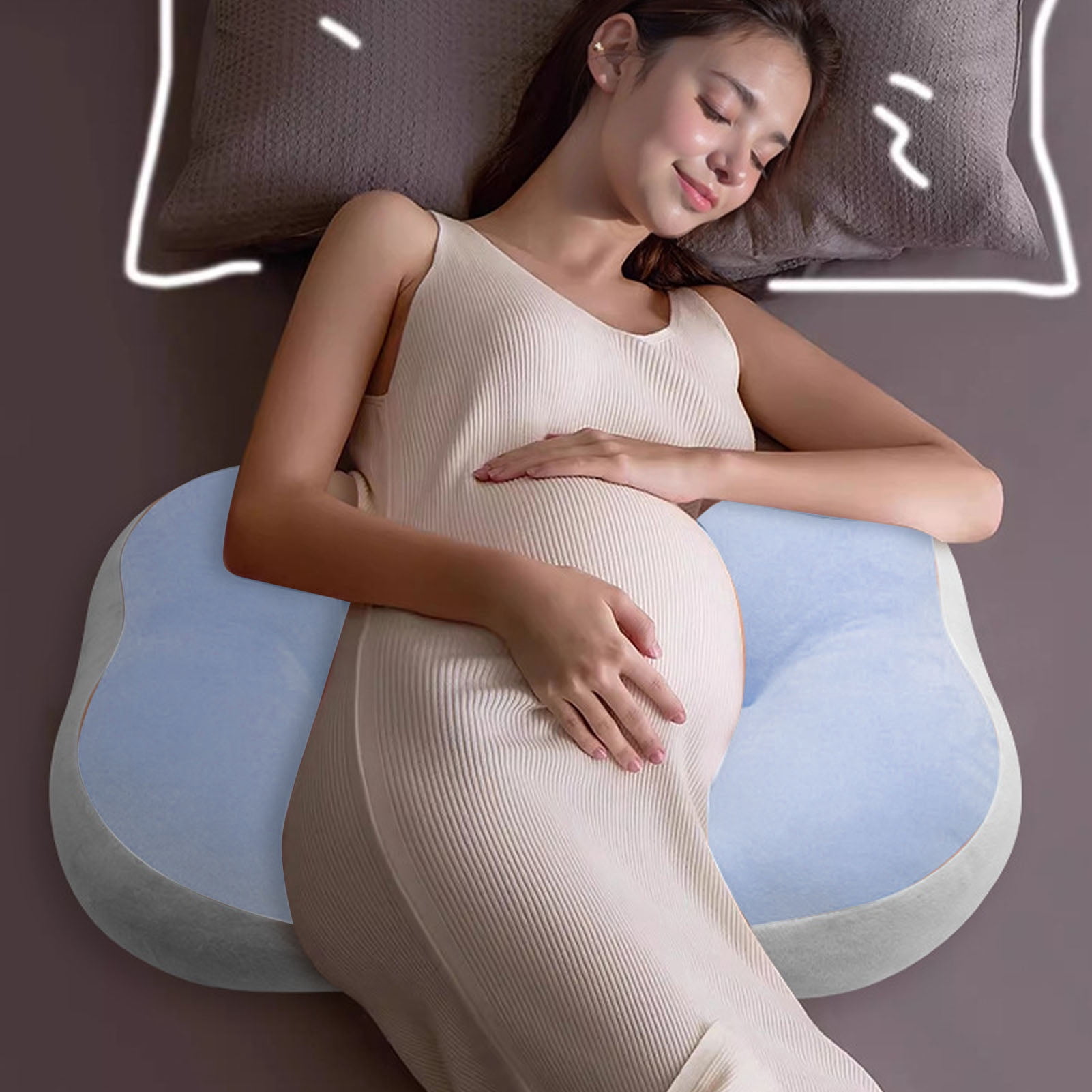 Rupoun W Shaped Maternity Pregnancy Pillow for Side Sleepers, Adjustable Cotton Belly Support Wedge Pillow, Includes Auxiliary Pillow, Washable, Blue (18.1x12.6x3.9 inches / 46x32x10 cm)