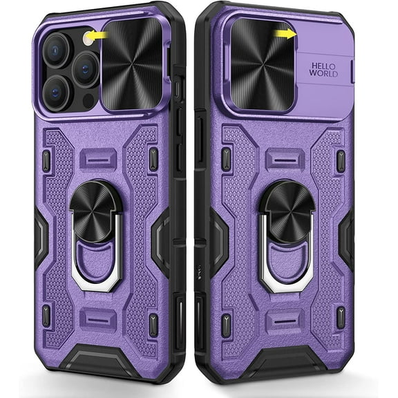 Case for iPhone 14 Pro with Camera Cover & Kickstand, iPhone 14 Pro Case with Stand Ring Magnetic Magnet Slide Lens Protection Protective Cover Phone Case for iPhone 14 Pro -Purple