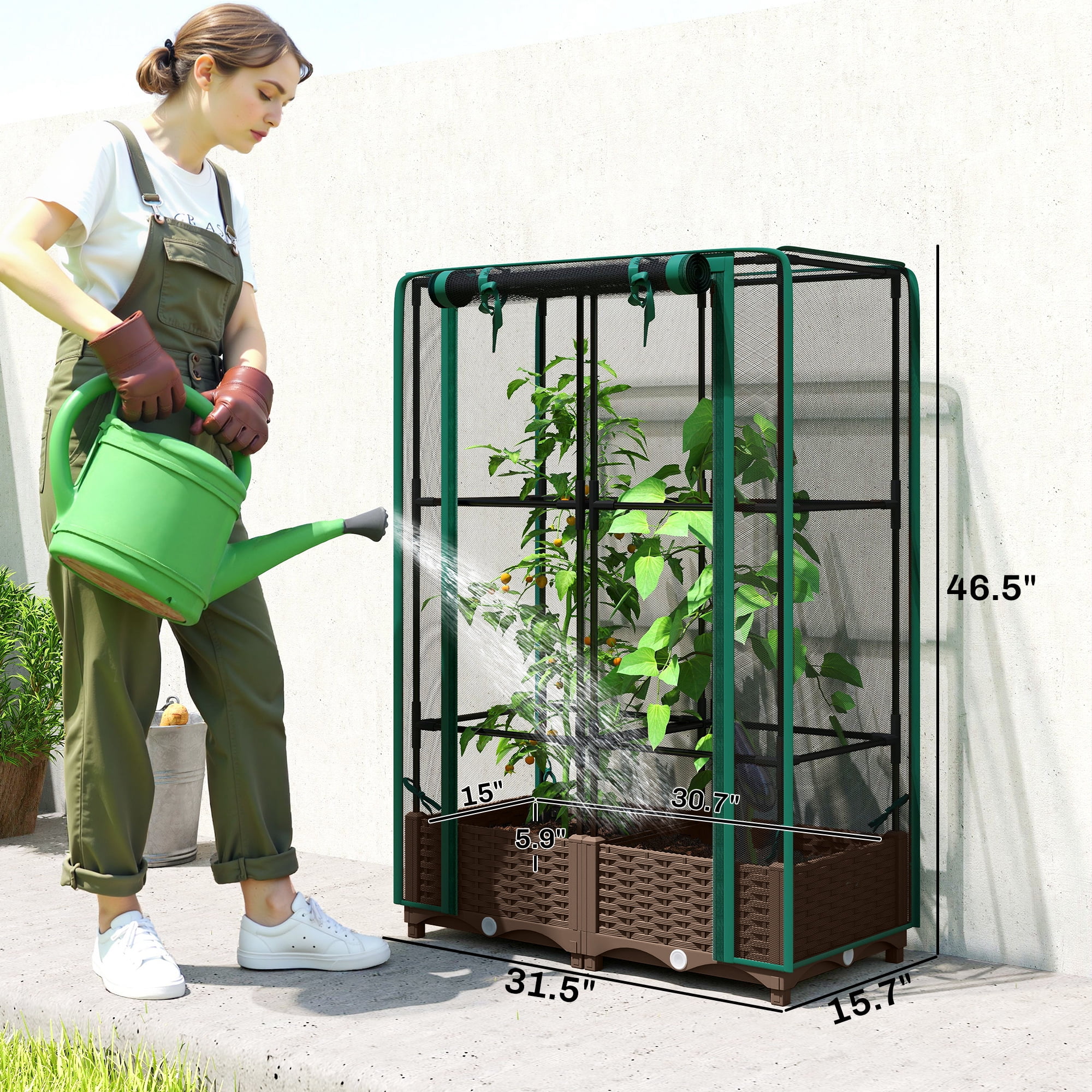 Outsunny Raised Garden Bed with Trellis, 46.5" Tomato Cage with Crop Cage, Self Watering Planter Box with Drainage Holes and Plugs, Green