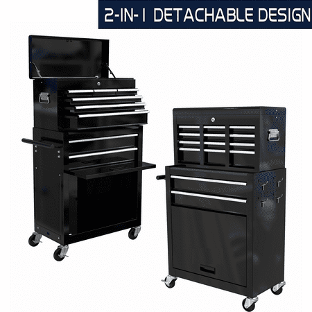 

Seizeen 2-IN-1 Rolling Tool Chest & Cabinet Combo 8-Drawer Metal Tool Storage Box with Cabinet Black Garage Tool Organizer with Universal Wheels & Hook for Workshop Home Use