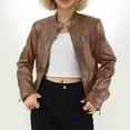 thumbnail image 3 of Stamzod Leather Jackets for Women Fashion Solid Color Long Sleeve Cropped Jacket Women Motorcycle Outerwear Coat Brown C XL, 3 of 6