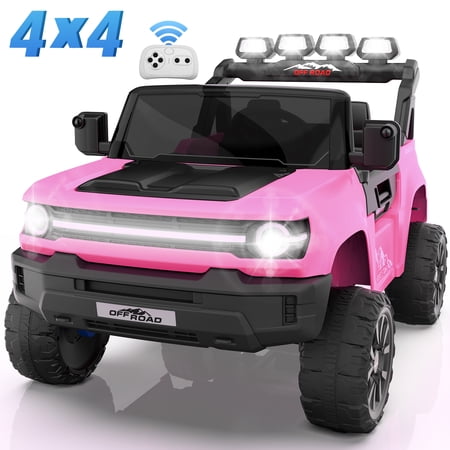 Farmdex 24V Ride on Toys with Remote Control, 2 XL Seater Electric Truck Car for Kids w/ 22'' Large Seat, 4WD/2WD Switchable, Powered Ride on Cars w/ Bluetooth, LED Lights, 3 Speeds, 4 x 200W, Pink