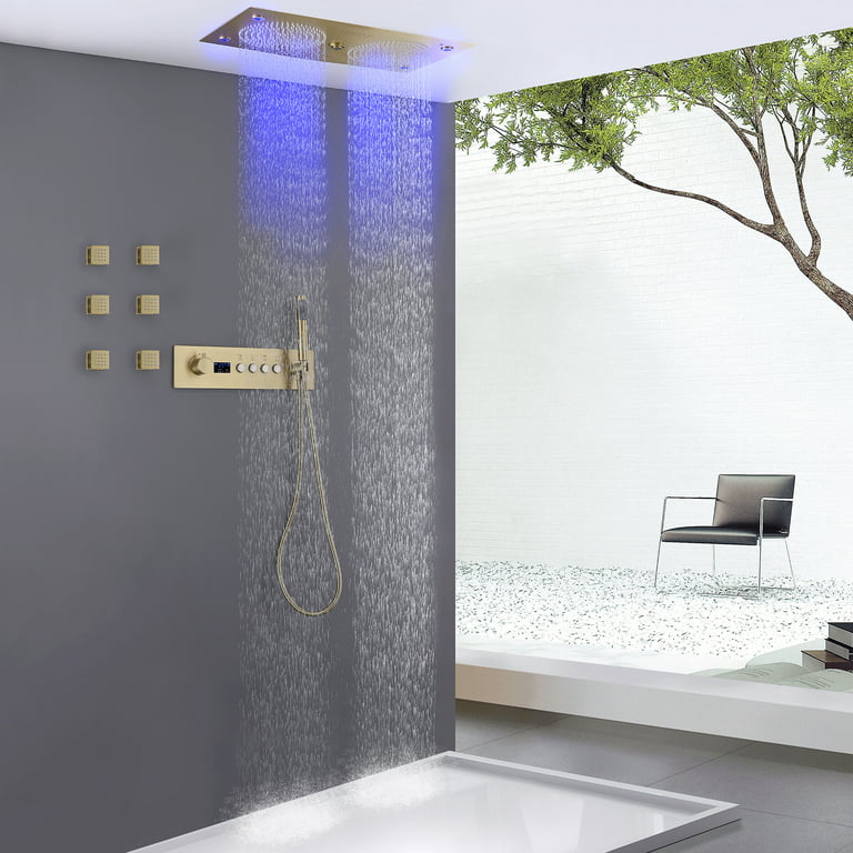 Thermostatic Ceiling Mounted Rainfall Shower System With 6 Pcs Of Body Jets 12 6x24 41 Inch Super Large Rectangle Head Double Rain Display Valve Trim Kit Com