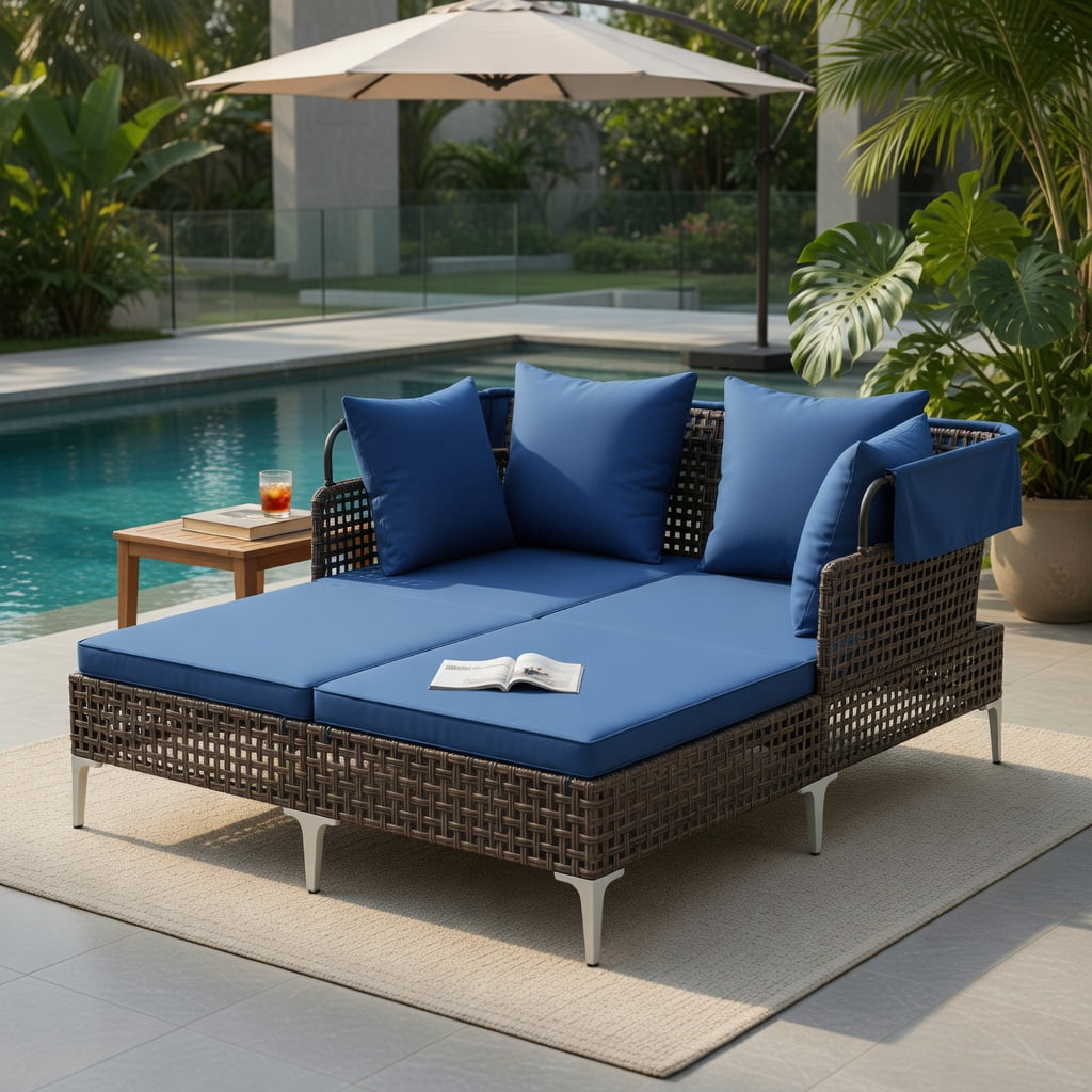 Hommoo Outdoor Daybed with Retractable Sun Canopy, PE Wicker Patio Lounger with Cushions, Ideal for Backyard, Poolside & Garden, Navy