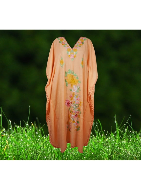 Womens Embroidered Kashmiri Kaftan Long Dress, Peach Floral Embroidery Caftan Maxi Dress, Gift One Size L-2XL