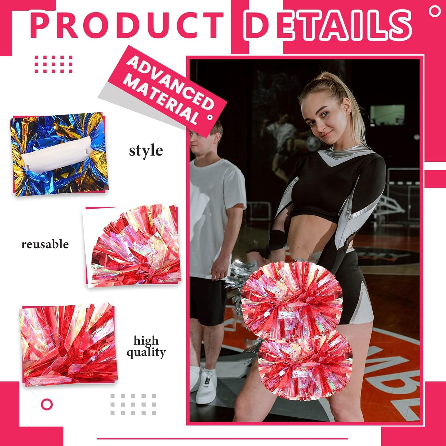 20 PCS Metallic Cheerleading Pom Pom for Team Spirit Sports Dance Cheering Kids Adults