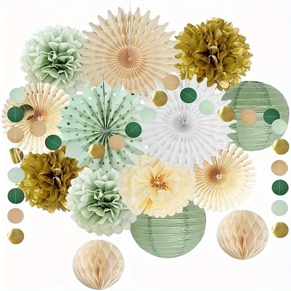 15Pcs Sage Green Party Decorations Set, Hanging Paper Lanterns Fans Pom Poms and Garland Banner, Sage Green White Gold Party Decor for Wedding Bridal Shower Birthday Garden Party