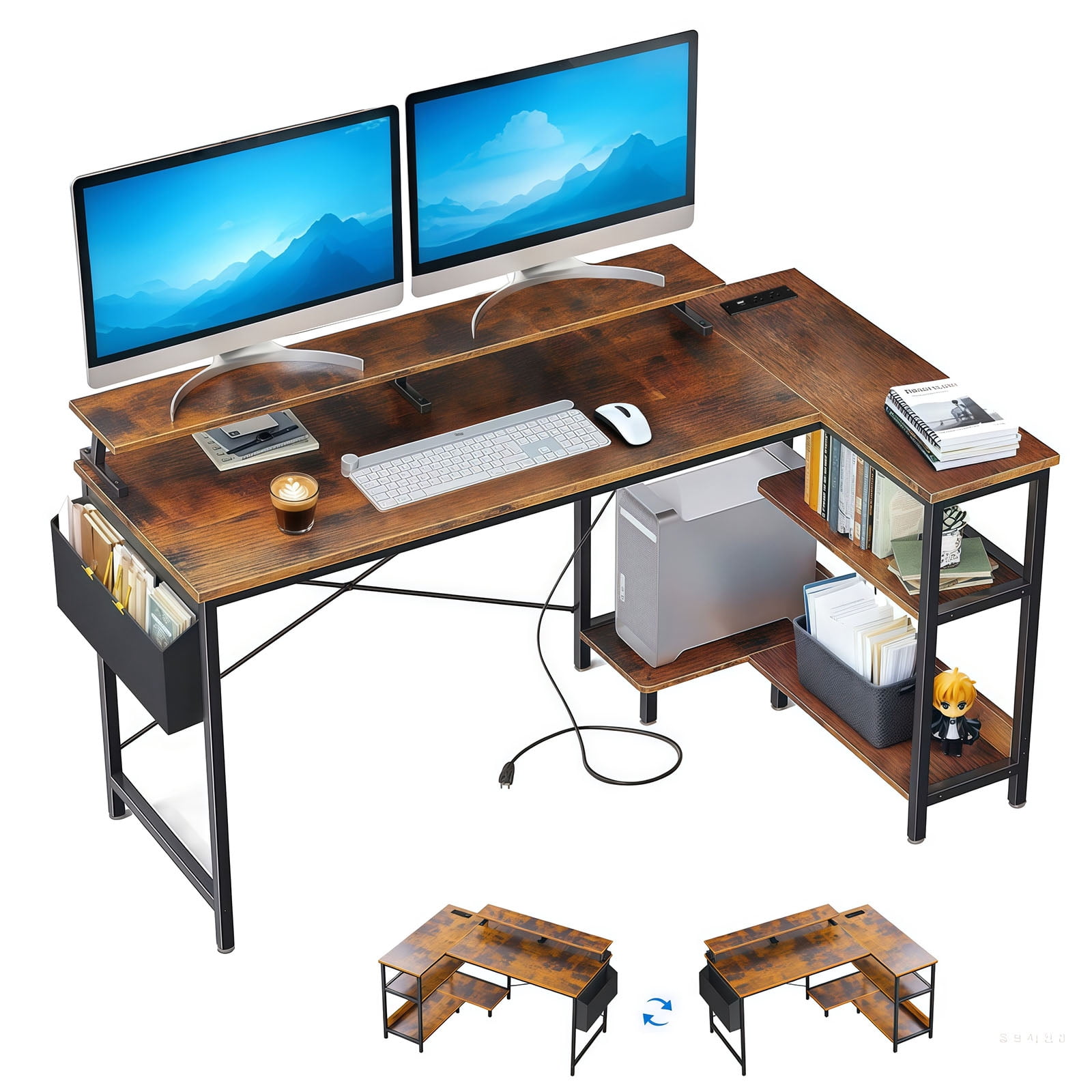 47'' Gaming Desk with Power Outlets,Reversible L Shaped Computer Desk with Monitor Stand & Storage Shelves,Corner Home Office Desk with Side Bag for Home Office,Bedroom,Vintage,Black+Brown