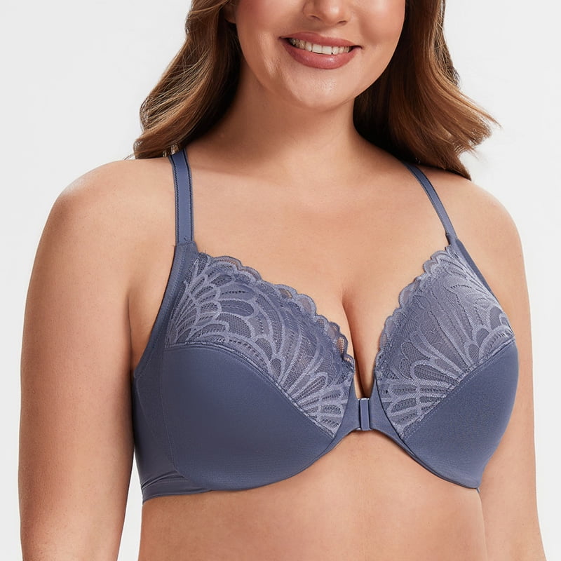 MELENECA Women's Racerback Front Closure Lace Unlined Plus Size Full Coverage Underwire Bra Slate Blue 34B