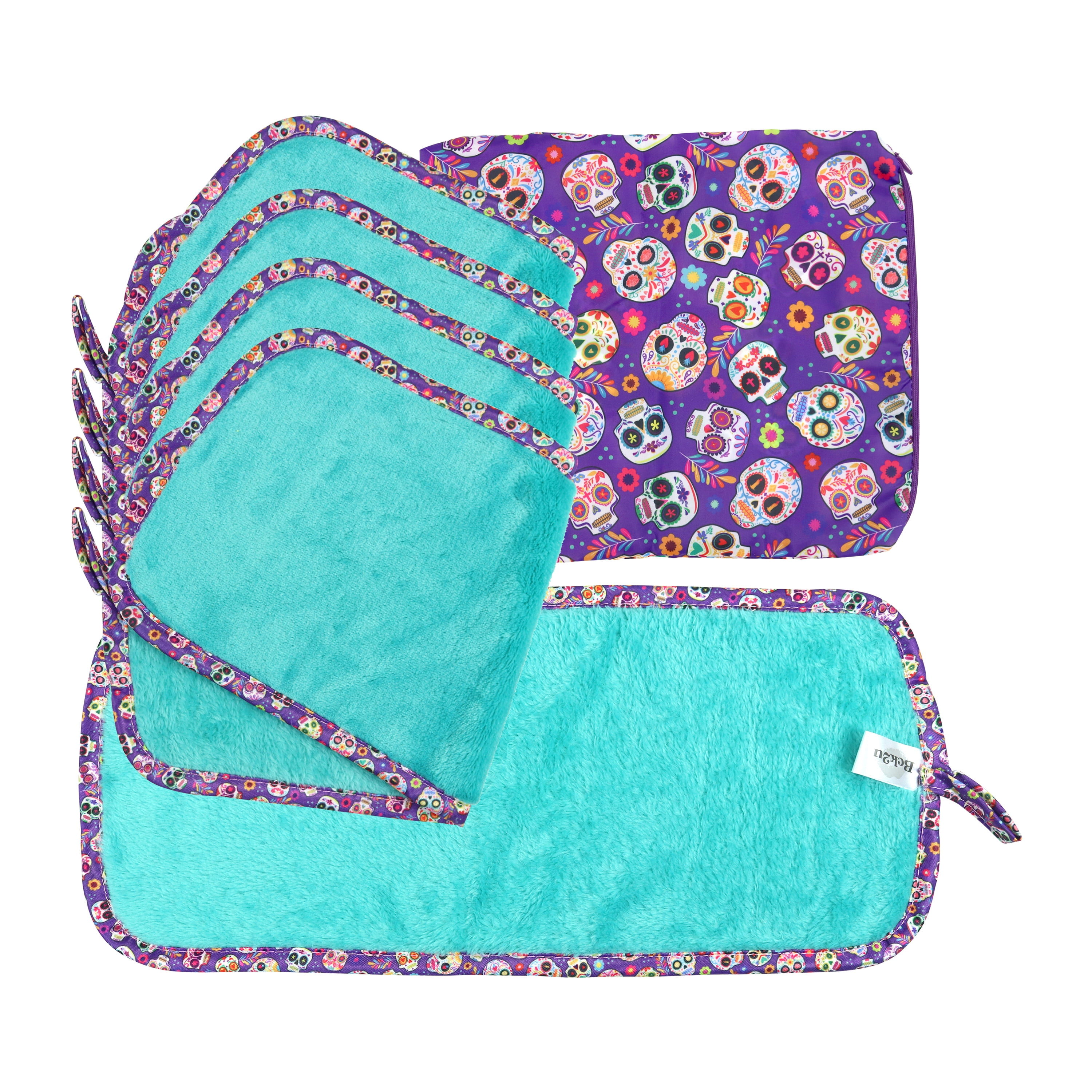 Arkwright Makeup Removal Washcloth Decorative Set (Sugar Skull Design) 5 Piece Set of 16x7 Microfiber Towels Plus Travel Bag and Box - Teal Blue