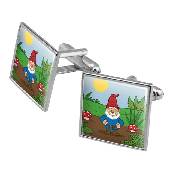 Garden Gnome with Toadstools Square Cufflink Set - Silver or Gold
