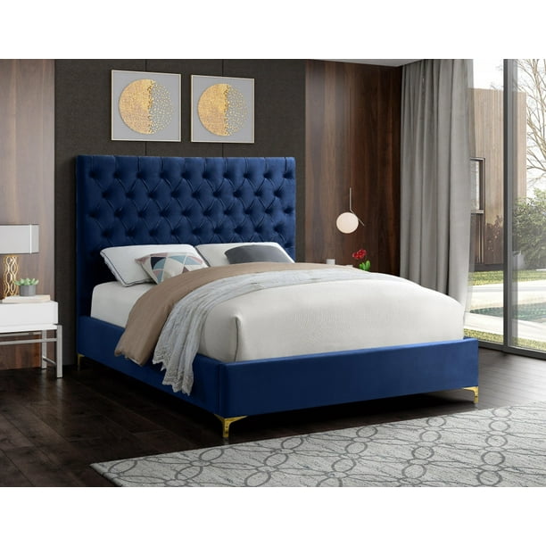 Hamuq Blue Velvet Bed W Deep Button Tufting Headboard King