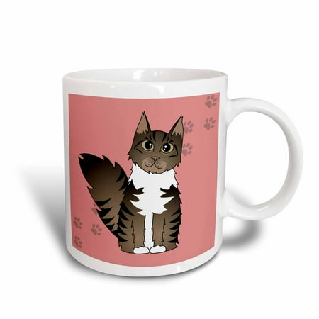 - 3dRose Cute Maine Coon Cartoon Cat - Brown Tabby with White - Rose with Pawprint, Ceramic Mug, 11-ounce