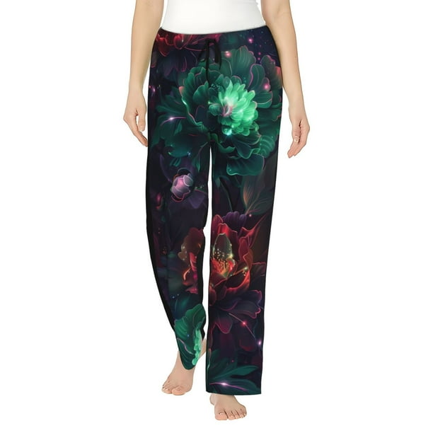 Balery Red And Green Carnation Pantalones de pijama para mujer, pijamas ultraligeros, pantalones de estar por casa-Large
