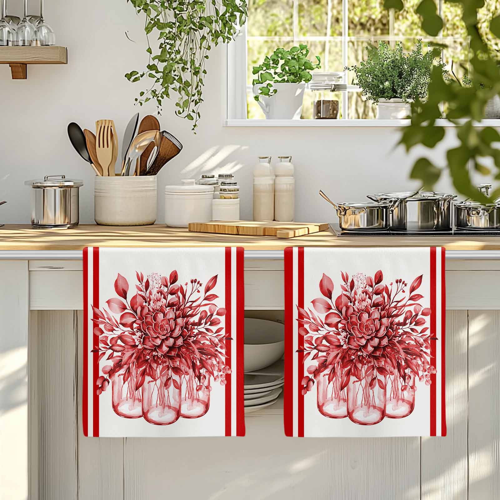 Dish Towels, Red Eucalyptus Leaves Absorbent Kitchen Towels 2 PCS, Floral Vase Stripes Microfiber Hand Towels Dish Cloths Tea Towels for Home&nbsp;Bathroom Cleaning Drying,18X28-Inch,