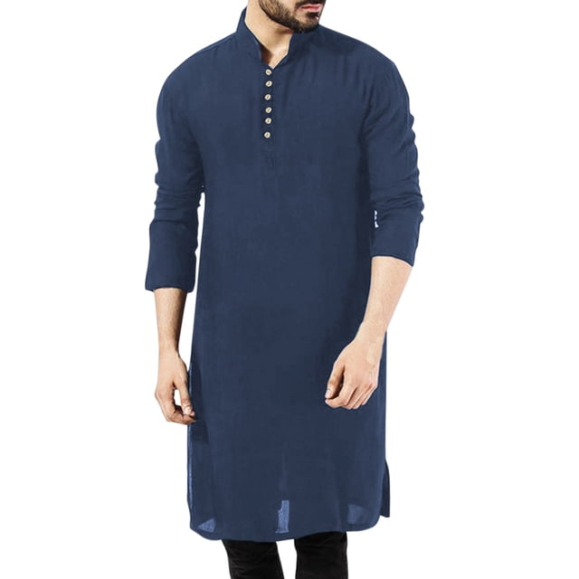 Kcodviy Homme Décontracté Uni Col Montant Homme Ajusté Manches Longues Robe Musulmane Chemises Longues pour Homme Manches Bouton Jubba Thobe