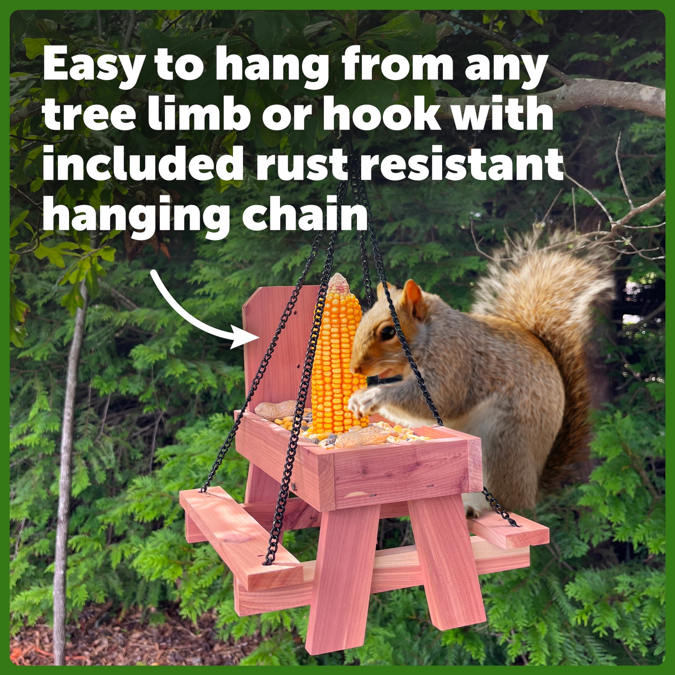 Pennington Red Cedar Picnic Table Squirrel Feeder, Holds Corn, Nuts and Seeds, 1 Table, 9"x10"x9"