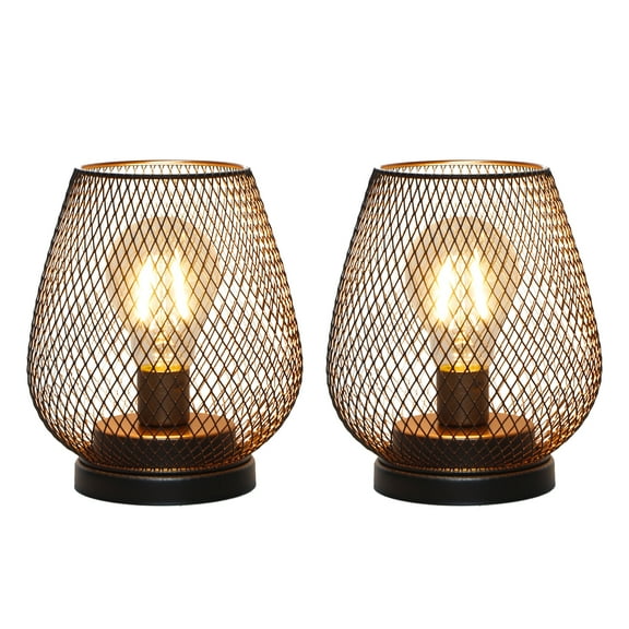 Set of 2 Battery Operated Lamp LED Table Lantern, Metal Cage Cordless Lamps with LED Bul