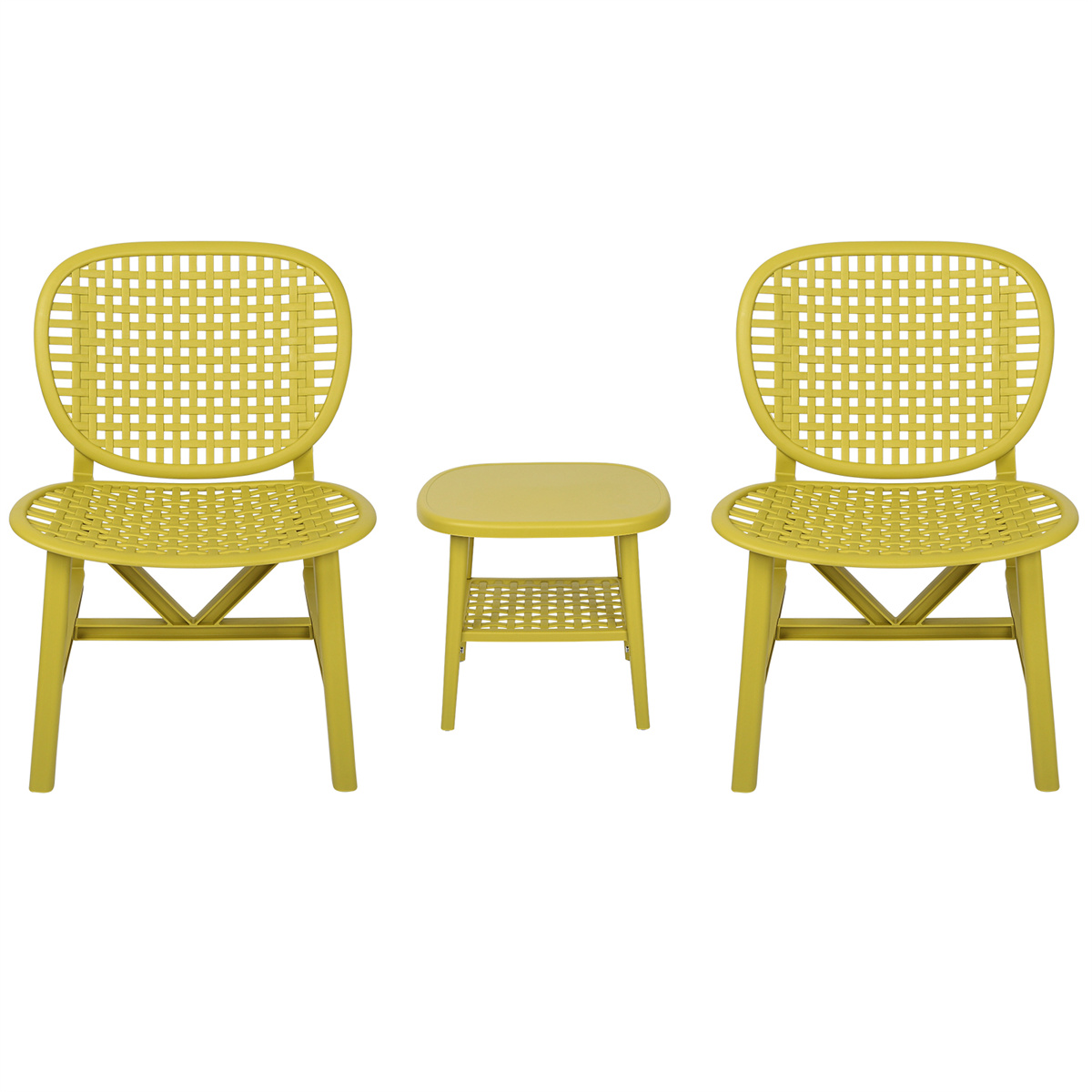 3Pcs Patio Table Chair Set, Bistro Set Hollow Conversation Coffee Table Set with 1 End Table & 2 Lounge Chairs, All Weather Outdoor Patio Chair with Widened Seat for Balcony Garden Yard, Yellow - image 1 of 7