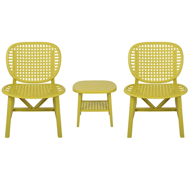 3Pcs Patio Table Chair Set, Bistro Set Hollow Conversation Coffee Table Set with 1 End Table & 2 Lounge Chairs, All Weather Outdoor Patio Chair with Widened Seat for Balcony Garden Yard, Yellow