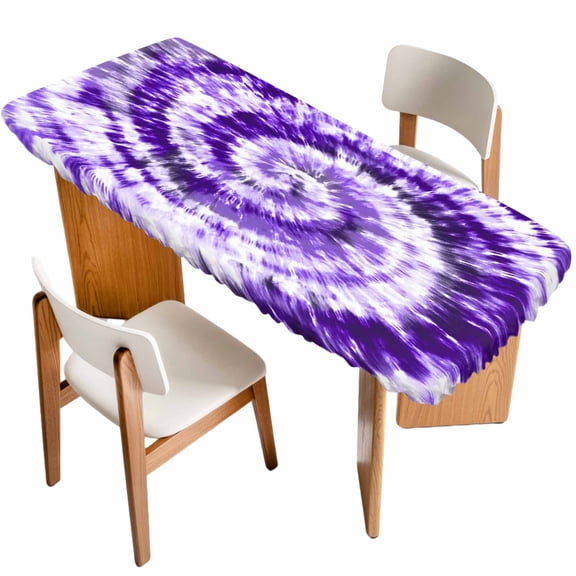 Purple Ombre Table Cloths for 8 Foot Rectangle Tables, Modern Abstract Tie Dye Painting Art Patio Waterproof Elastic Fitted Tablecloths, Washable Rectangular Table Cover for Camping