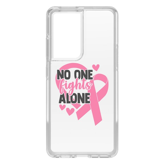 DistinctInk Clear Shockproof Hybrid Case for Galaxy S21 ULTRA 5G (6.8" Screen) - TPU Bumper Acrylic Back Tempered Glass Screen Protector - Pink Ribbon Cancer - No One Fights Alone