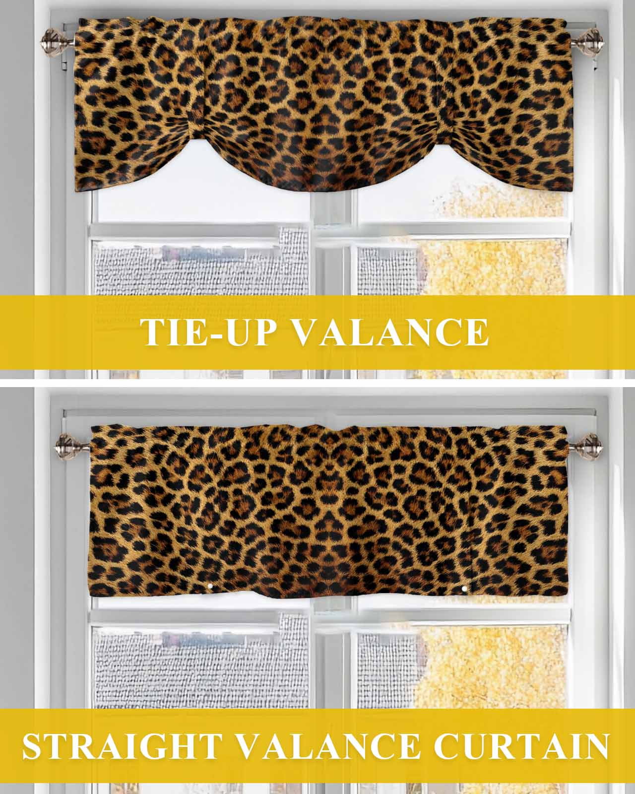 Retro Leopard Tie Up Valances Curtain, Adjustable Kitchen Abstract Classic Texture Decoration Valances for Windows Decor, Rod Pocket Short Curtains Set for Bedroom/Bathroom, 54"x18"