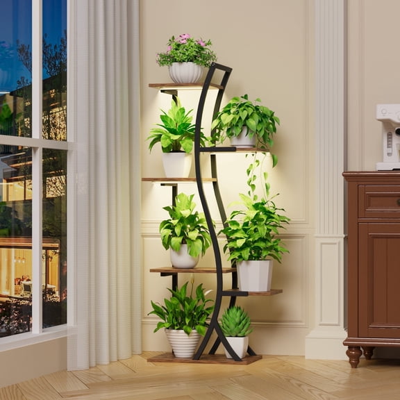 6 Tiered Plant Stand with Grow Light Indoor, 44.5" Corner Curved Design Flower Stand Display Shelf