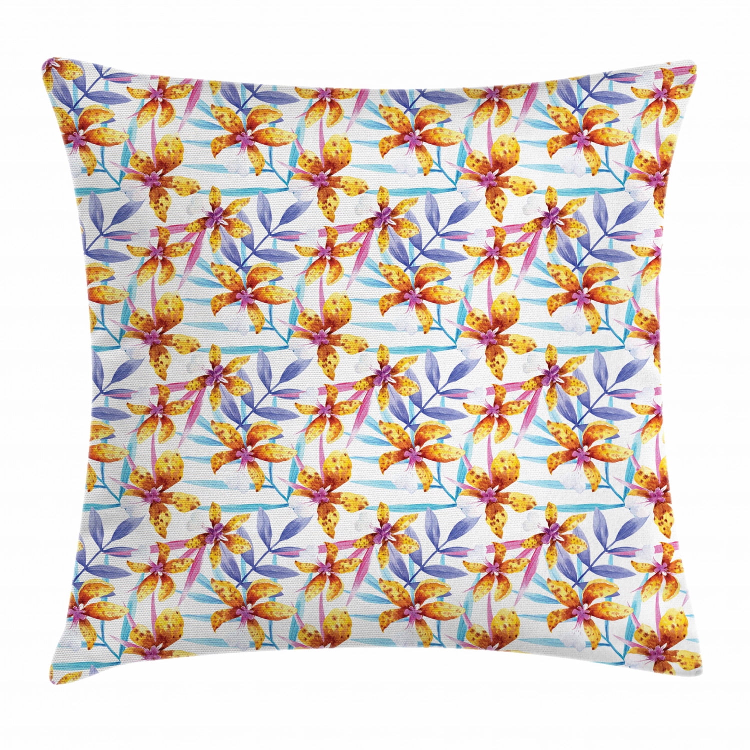 Orchids Throw Pillow Cushion Cover, Pattern with Orchid Heliconia Flowers and Palm Leaves on