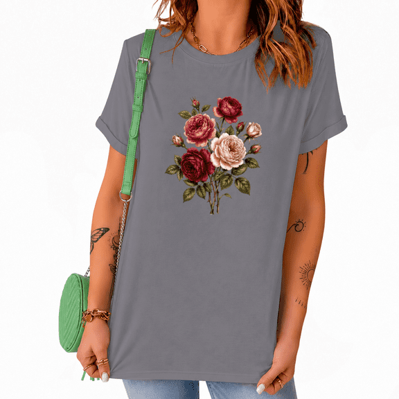 Women's Vintage Floral Graphic Tee Casual Short Sleeve Crewneck Top Summer Shirt