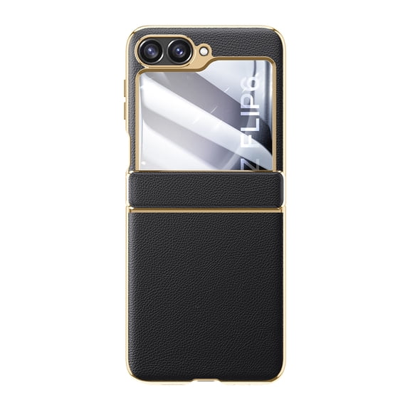 Allytechgroup for Galaxy Z Flip 5 Case with Screen Protector, Faux Leather Electroplating TPU Full Body Shockproof Anti-Scratch Bumper Rugged Phone Case for Samsung Galaxy Z Flip 5, Black
