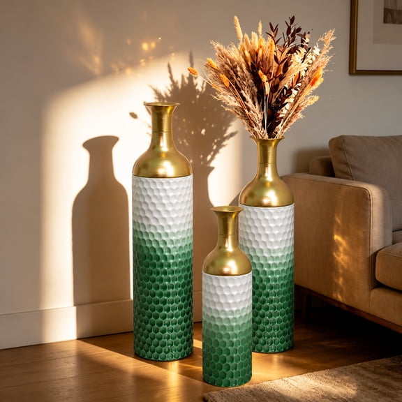 TheEshow Decorative Metal Vases Set of 3, Green Leaf Pattern Floor Vases, Green & white Tall Vases for Home Decor, Living Room Entryway Decor