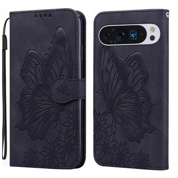 For Google Pixel 10 Pro XL , Pixel 9 Pro XL 6.8" Large Butterfly Pattern Embossed Strong Magnetic Attachment/Closure, Card Slots/Pocket, PU Leather Flip Wallet Case ﻿,Black