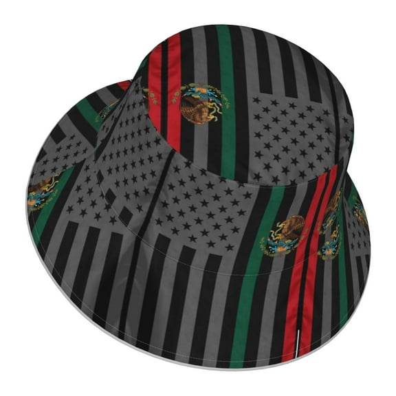 Mexico-America-Flag Bucket Hat Stripe Beach Fisherman Hats For Women Men Reversible Double-Side-Wear With Reflective