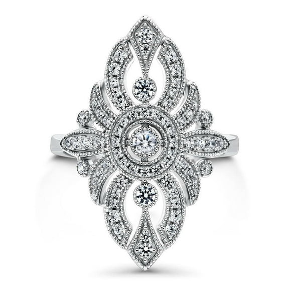 Elongated Dinner Diamond Ring, Antique Navette Engagement Ring, Milgrain Bezel Set Diamond Ring, Beads Set Shank Ring, 14K White Gold Plated, 2.3 Ct Simulated Diamond, Gift Ring For Her