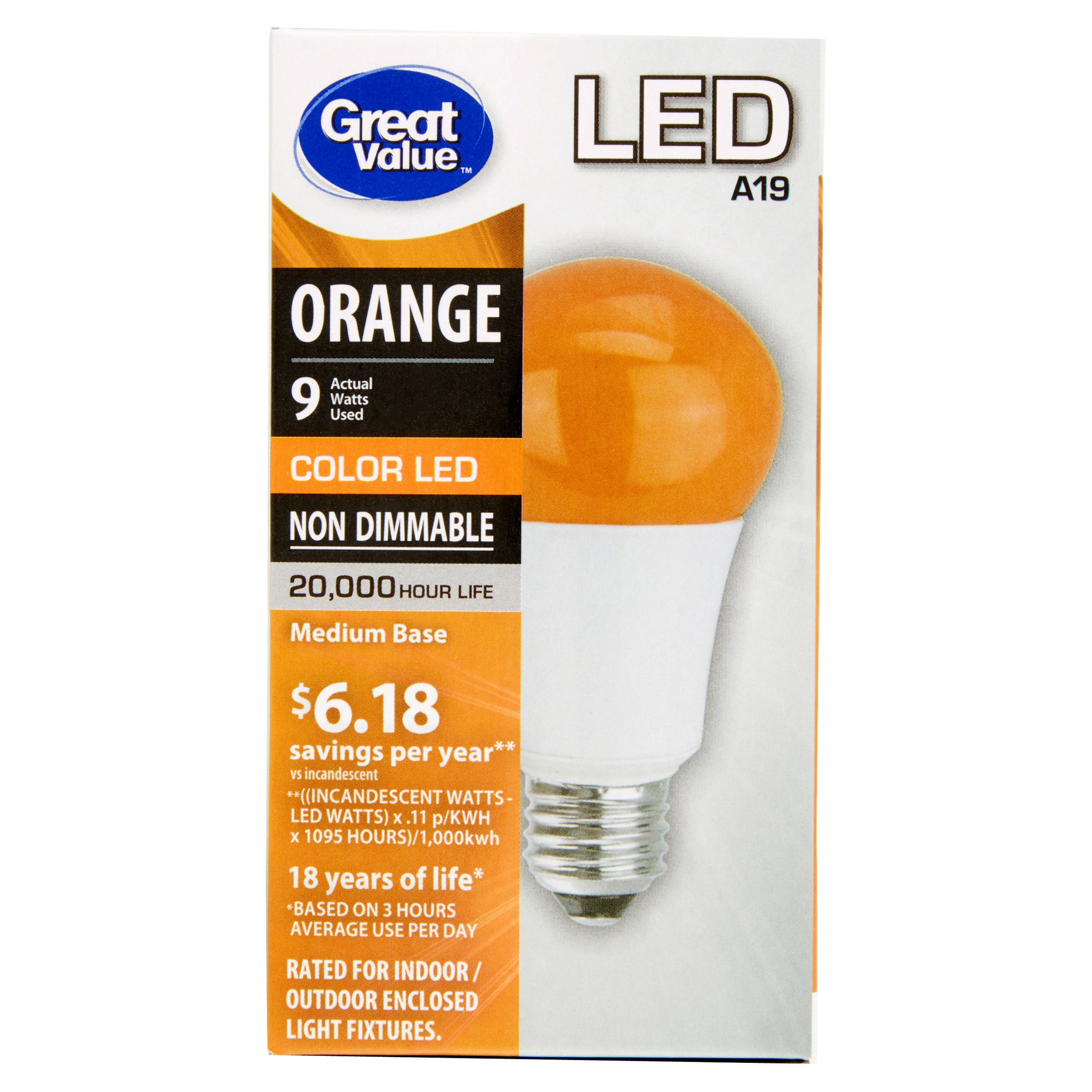 Great Value LED Orange Color LED Medium Base A19 9 Watts
