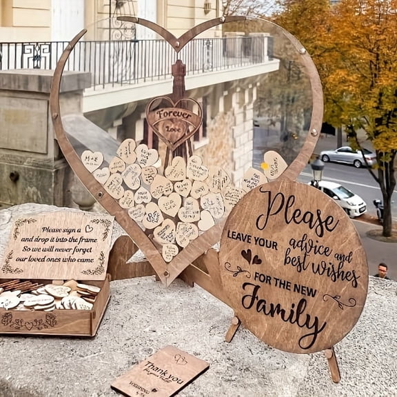 Wedding Guest Book Heart Drop Box, Rustic Wooden Guest Book Frame with Acrylic Window and Wooden Hearts, DIY Signature Display for Wedding Table Decor, Meaningful Keepsake Gift