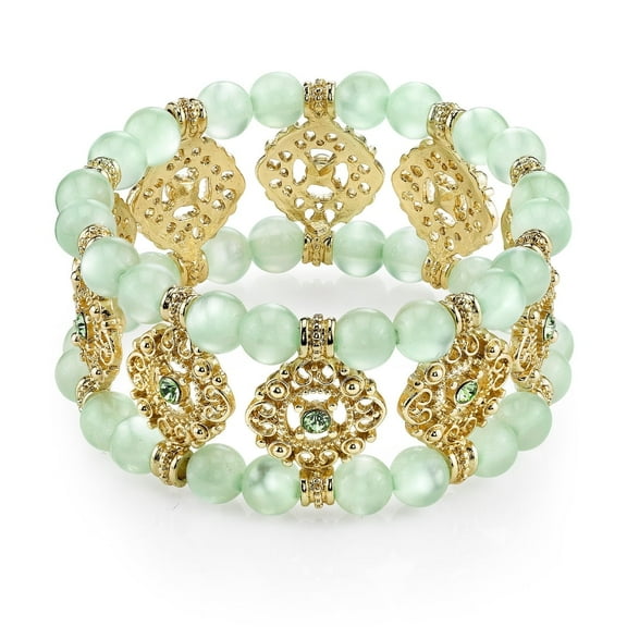 1928 Jewelry Smooth Light Green Cat's Eye Beaded Filigree Peridot Crystal Stretch Bracelet