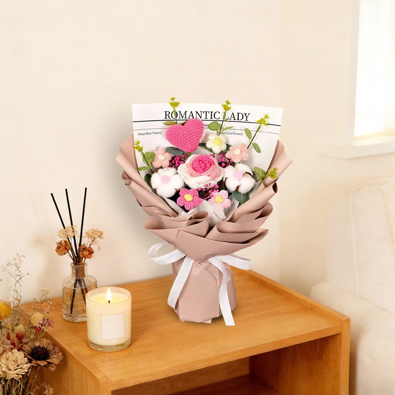 Knitted Flower Bouquet Handmade Tulip Rose Daisy Crochet Flowers, Gift for Mother's Day Graduation Birthday Teacher Appreciation Home Decor Artificial Bouquet