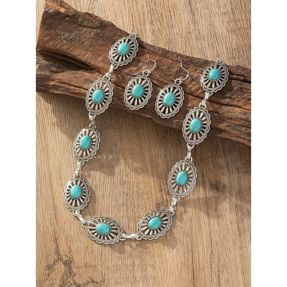 EOEMY 1Set Women'S Vintage Bohemian Style Turquoise Necklace And Earrings Set-Default