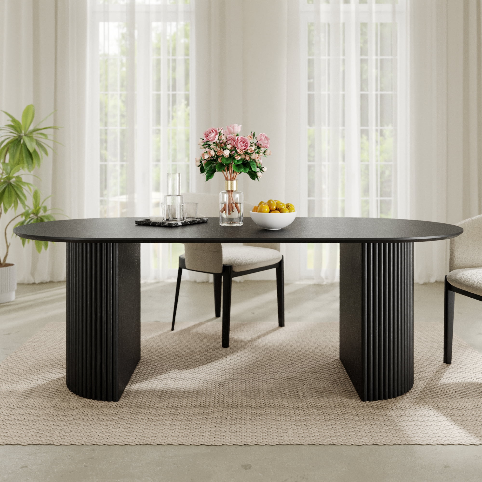 MAYEERTY 79*33.5*30"Oval Black Dining Table with Beveled Edge Top & Convex Fine-Striped Cylinder Split Base