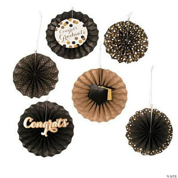 Black & Gold Grad Hanging Fans - Party Decor - 12 Pieces