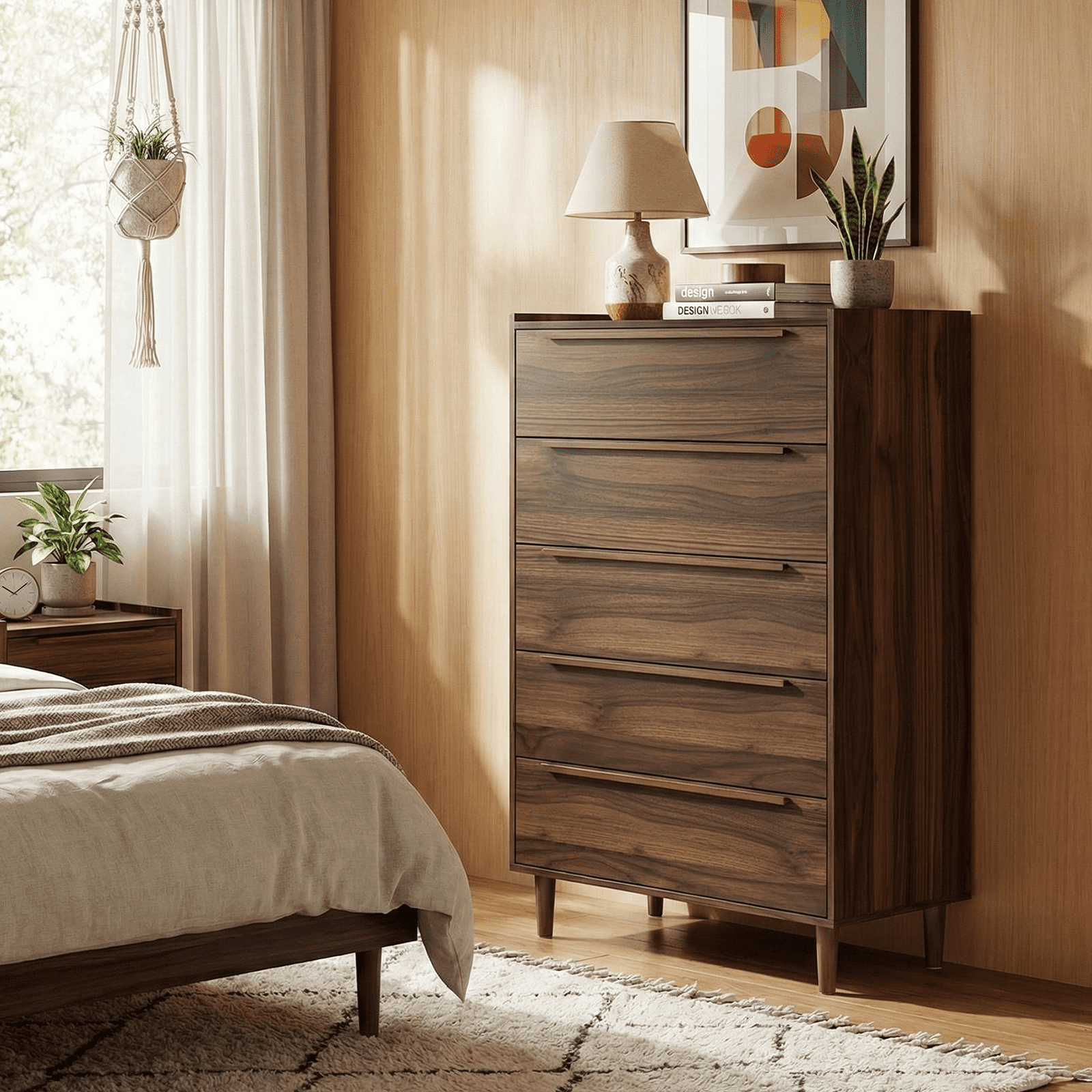 48" Tall Walnut Dresser for Bedroom, Mid-Century Modern 5 Drawer Chest of Drawers with Natural Wood Grain, Slim Vertical Storage Cabinet with Raised Edge Top, Anti-Tip Kit