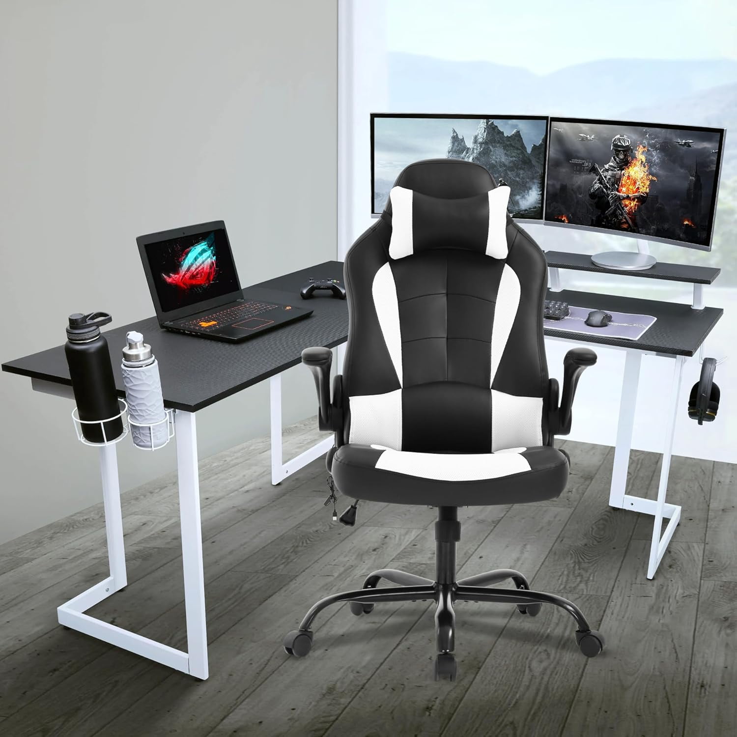 PC Gaming Chair, Ergonomic Computer Chair Height Adjustable Chair Massage Game Chair Office Chair Ergonomic Desk Chair with 360°-Swivel Wide Seat and Headrest for Office or Gaming, White